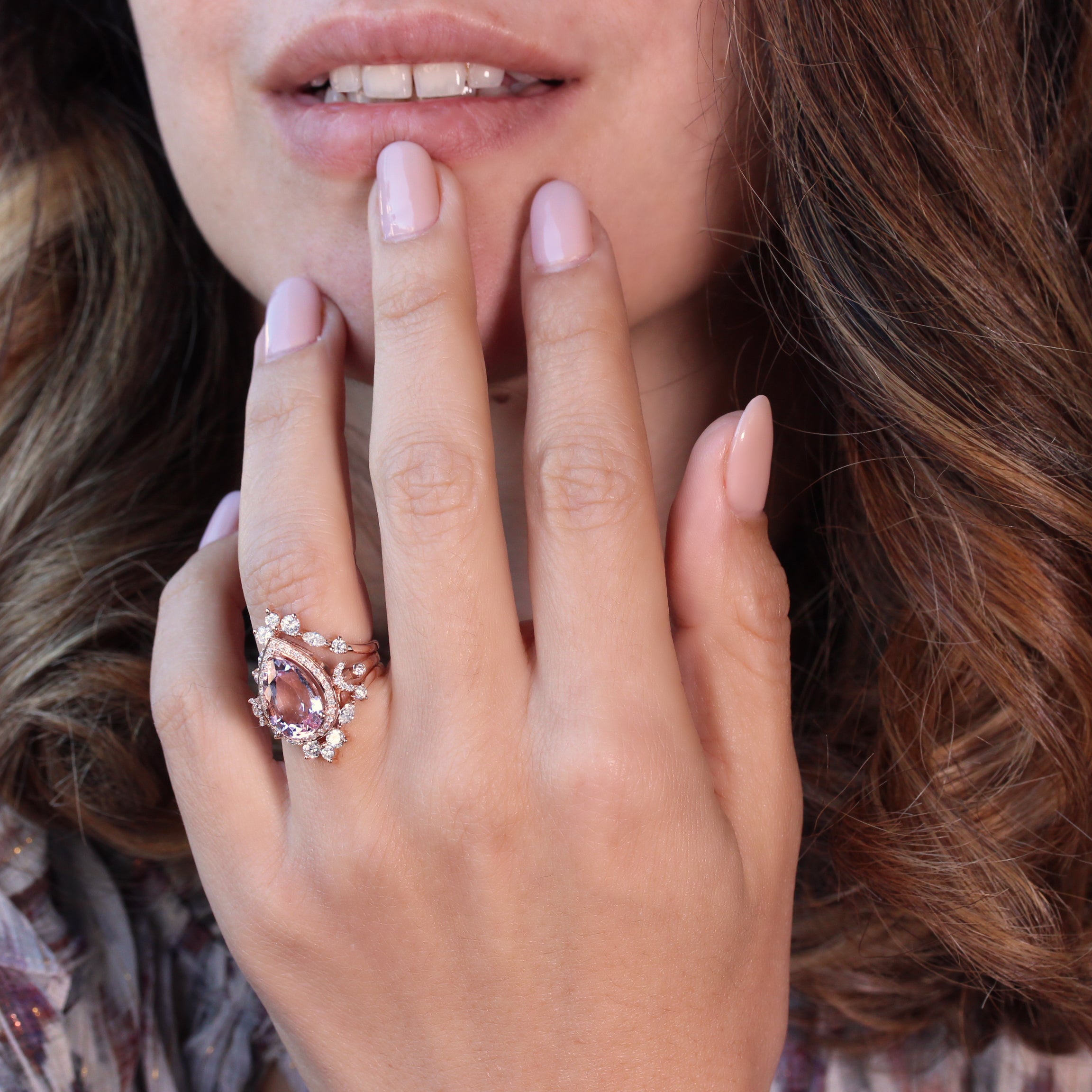 Pink Pear Shape Lab Diamond Engagement Three Ring Set - Moonchild