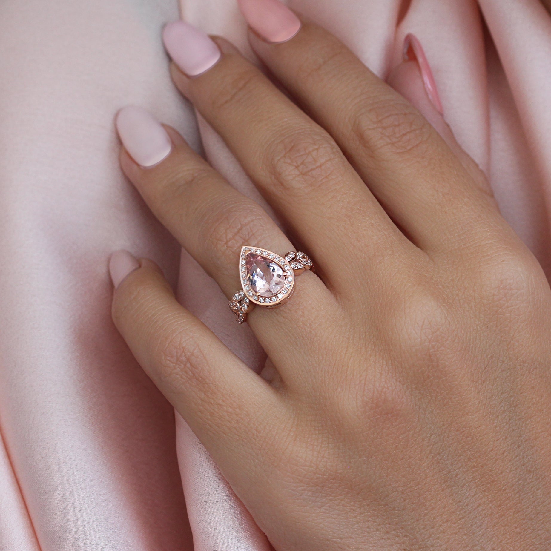 Pear Morganite & Diamonds Engagement Wave Band ring