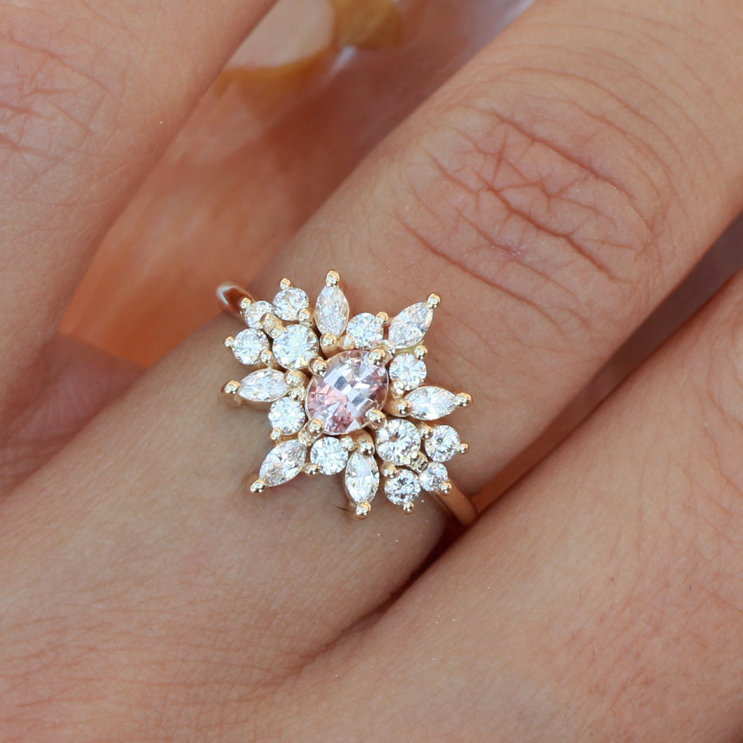 Oval pink sapphire engagement Ring, Phoenix. 14K yellow gold, size 6.5 ♥