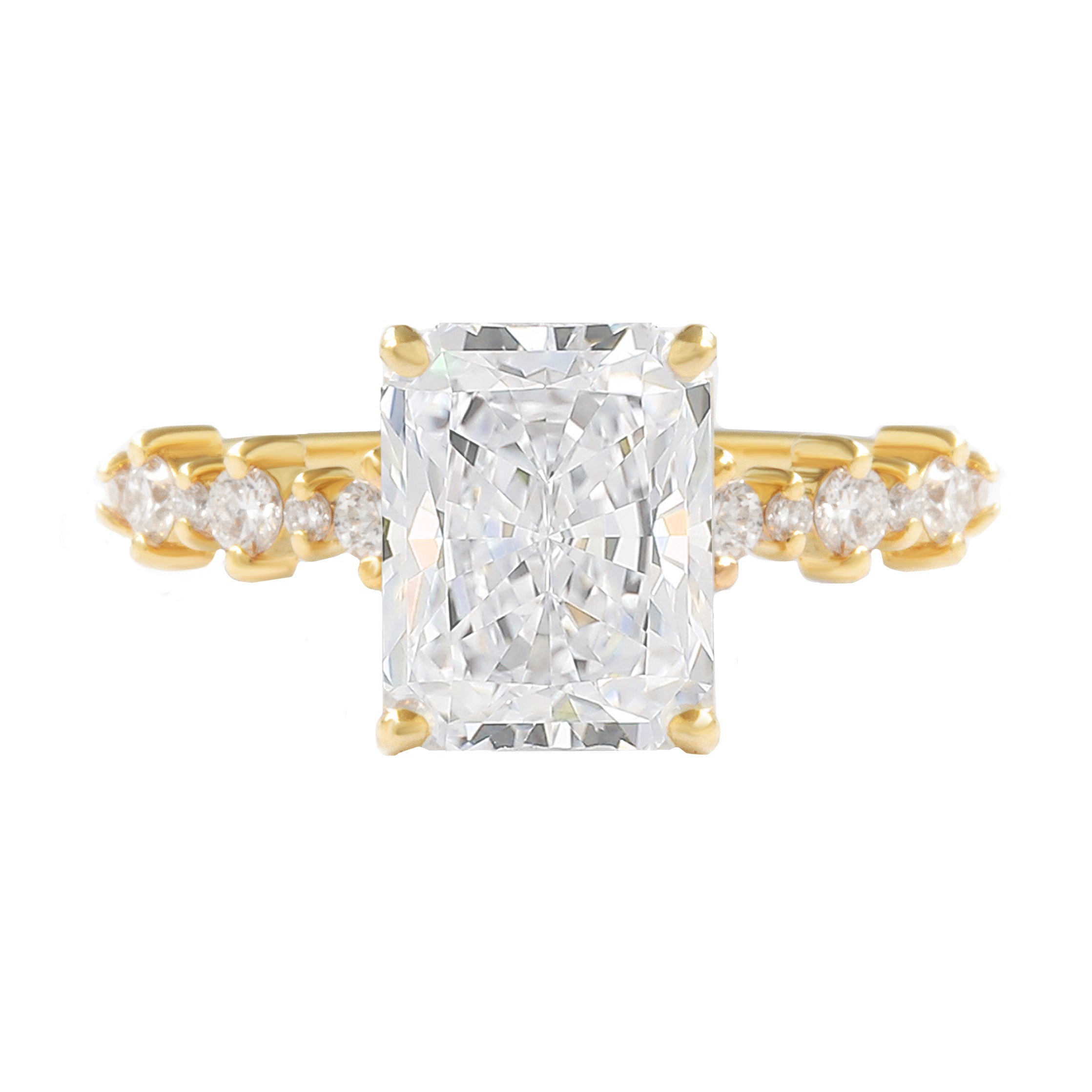 Radiant Moissanite Classic Engagement ring with Diamond Dots Band - Margo - 14K Yellow Gold, Size 5.75, - READY TO SHIP!