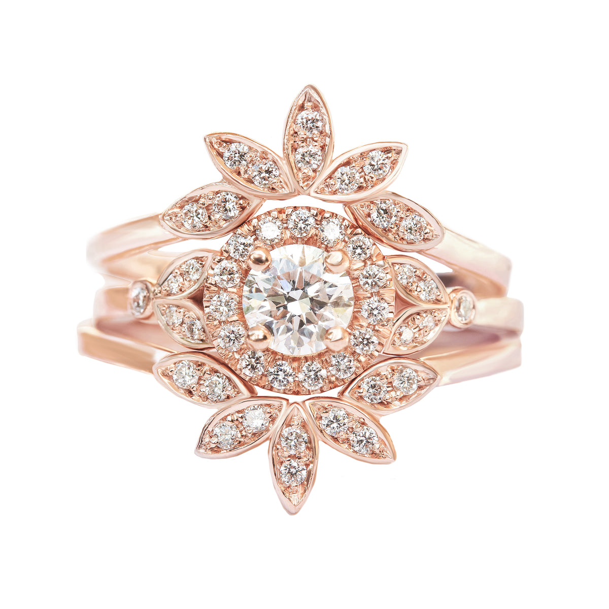 עגול יהלום Halo &amp; Leaves Engagement Three Rings Set Rome ♥