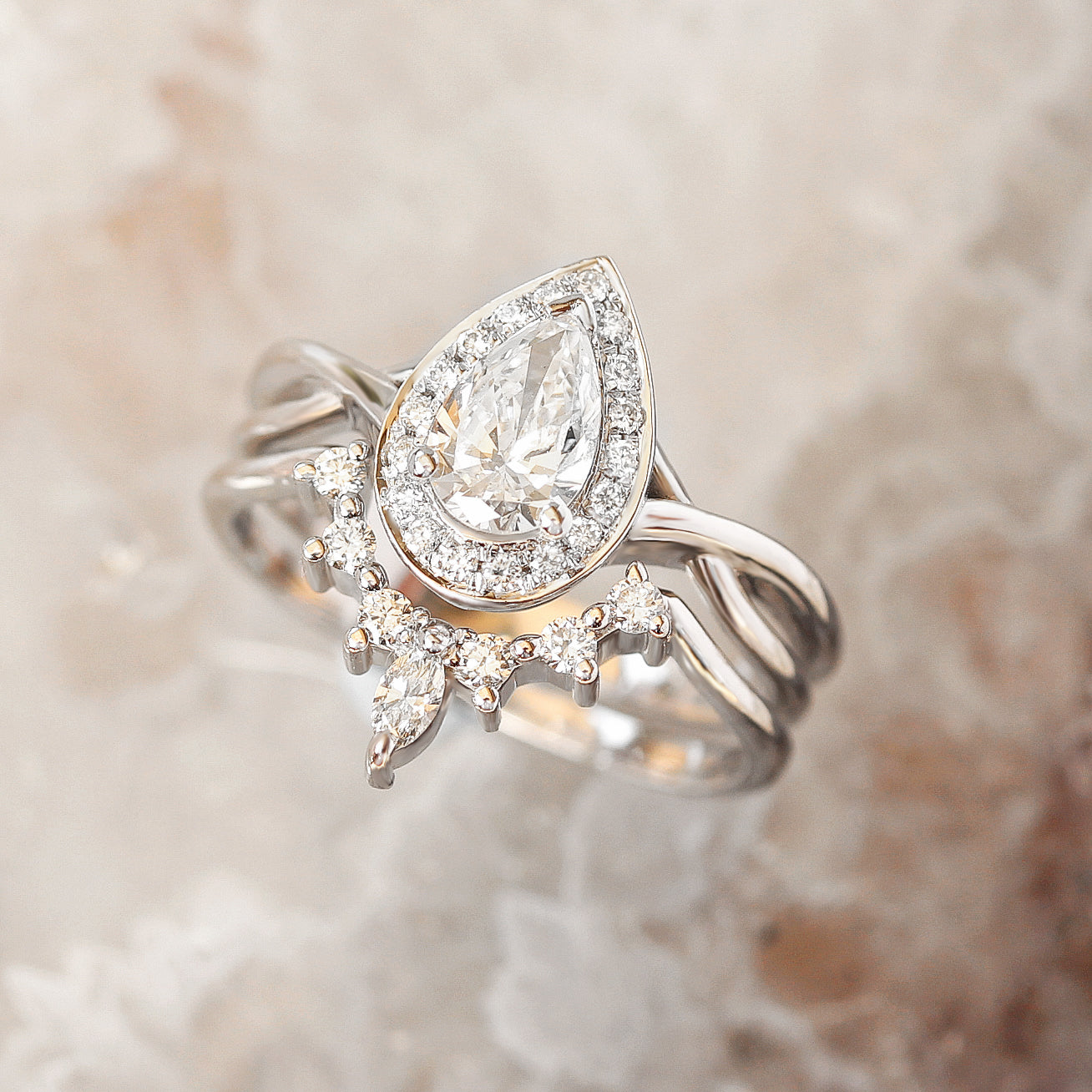Pear Diamond Halo twist band, Matching Romi Diamond Wedding Ring - Engagement Ring Set - sillyshinydiamonds