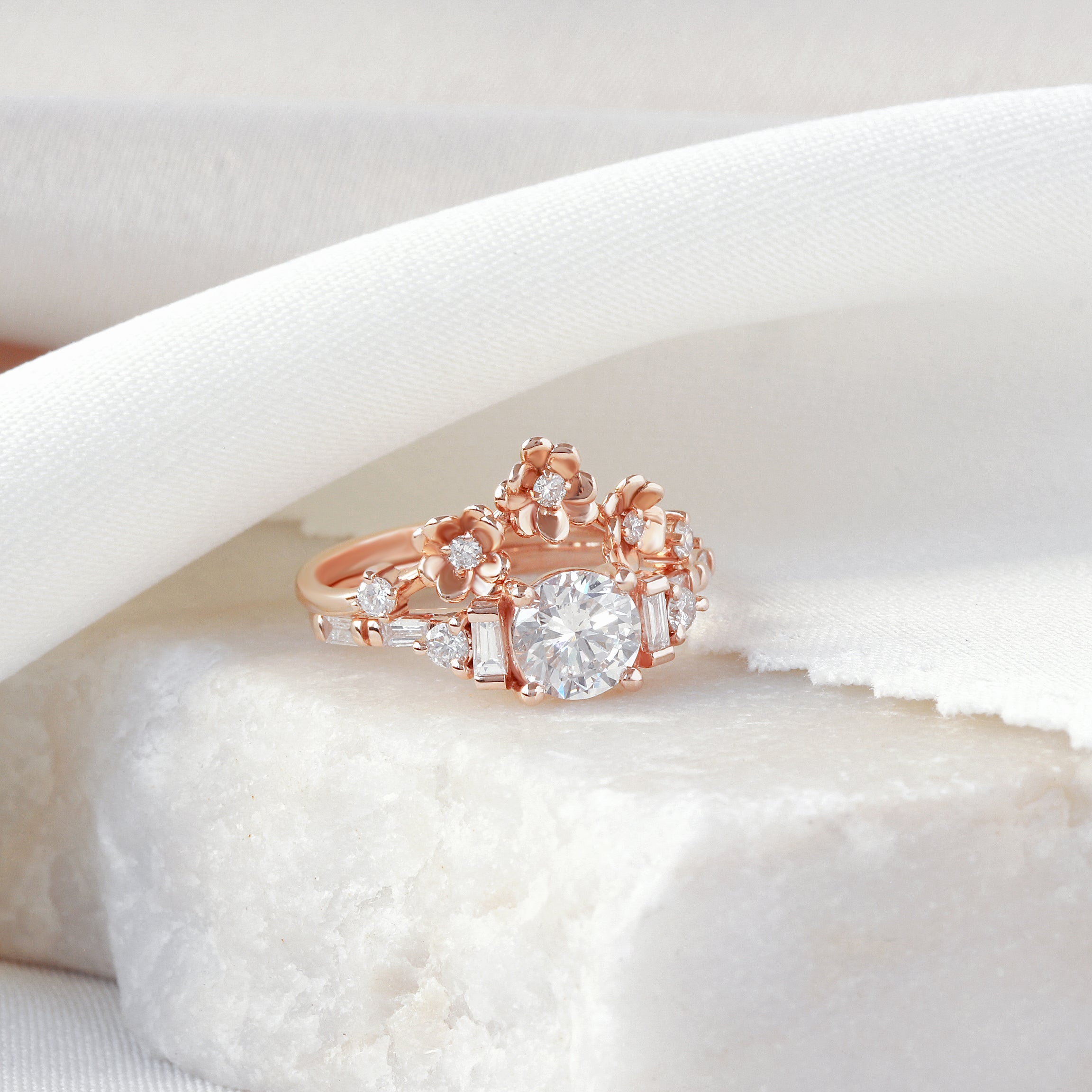 Round and Baguette Diamonds Cluster Engagement Ring - Alana, 14K Rose Gold, OOAK READY TO SHIP!