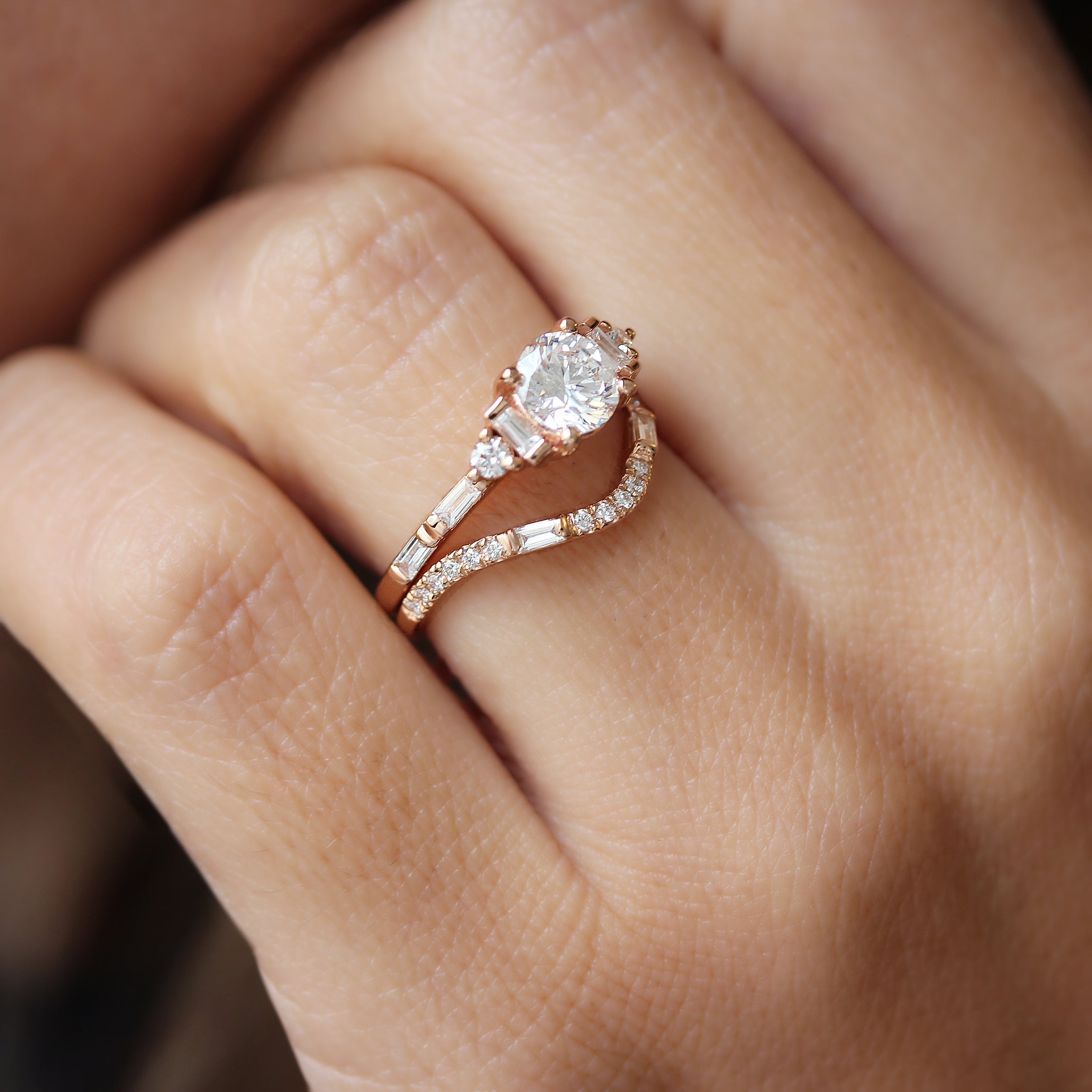 Round and Baguette Diamonds Cluster Engagement Ring - Alana, 14K Rose Gold, OOAK READY TO SHIP!