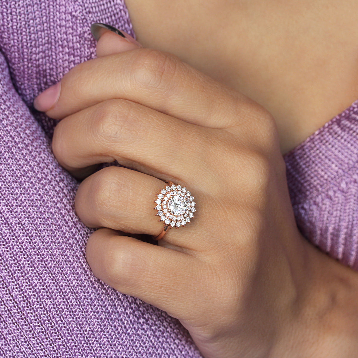 Round Diamond Double Halo Ballerina Engagement Ring, Veronica - 14K Rose Gold, READY TO SHIP!