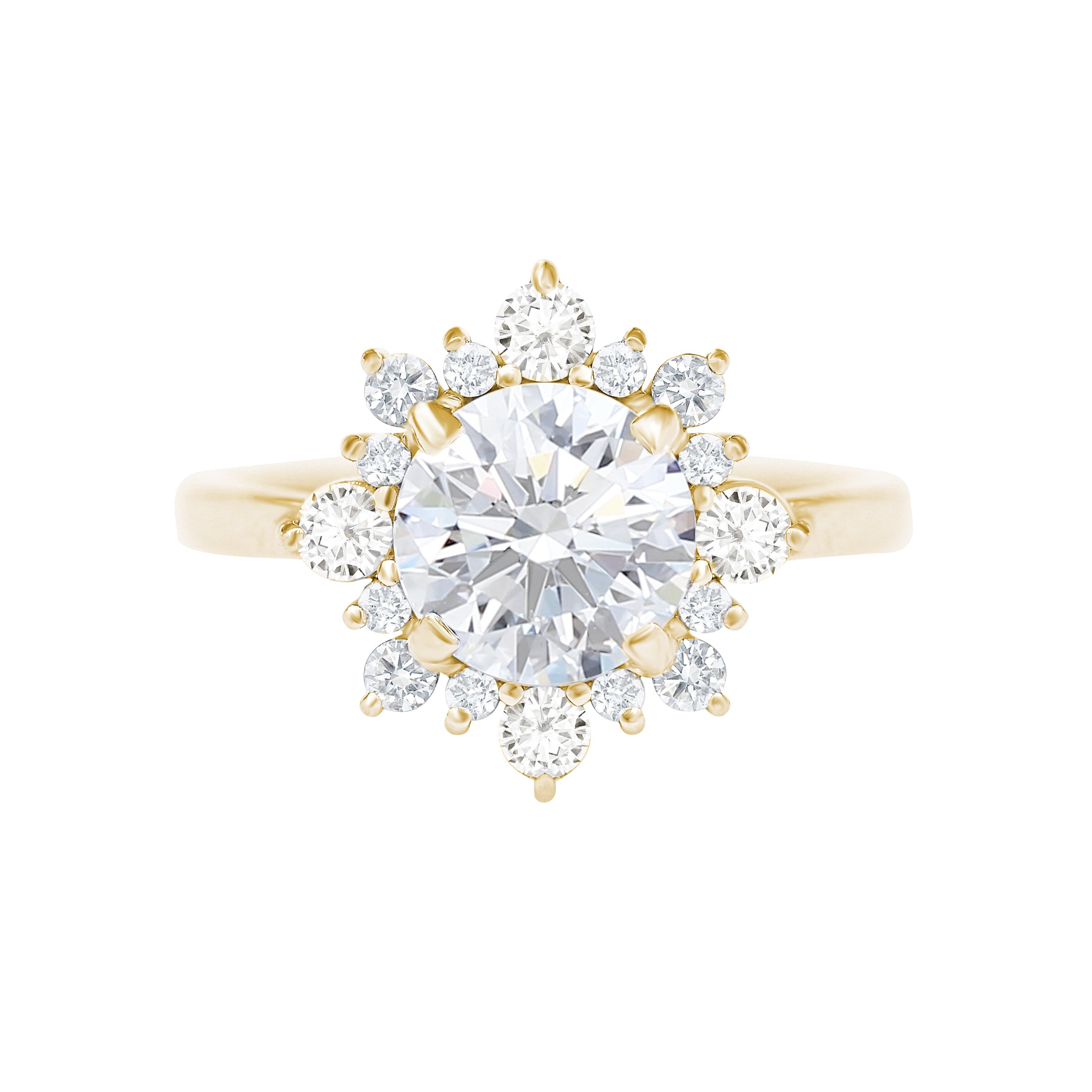 Round diamond halo unique engagement ring, "Snowflake"