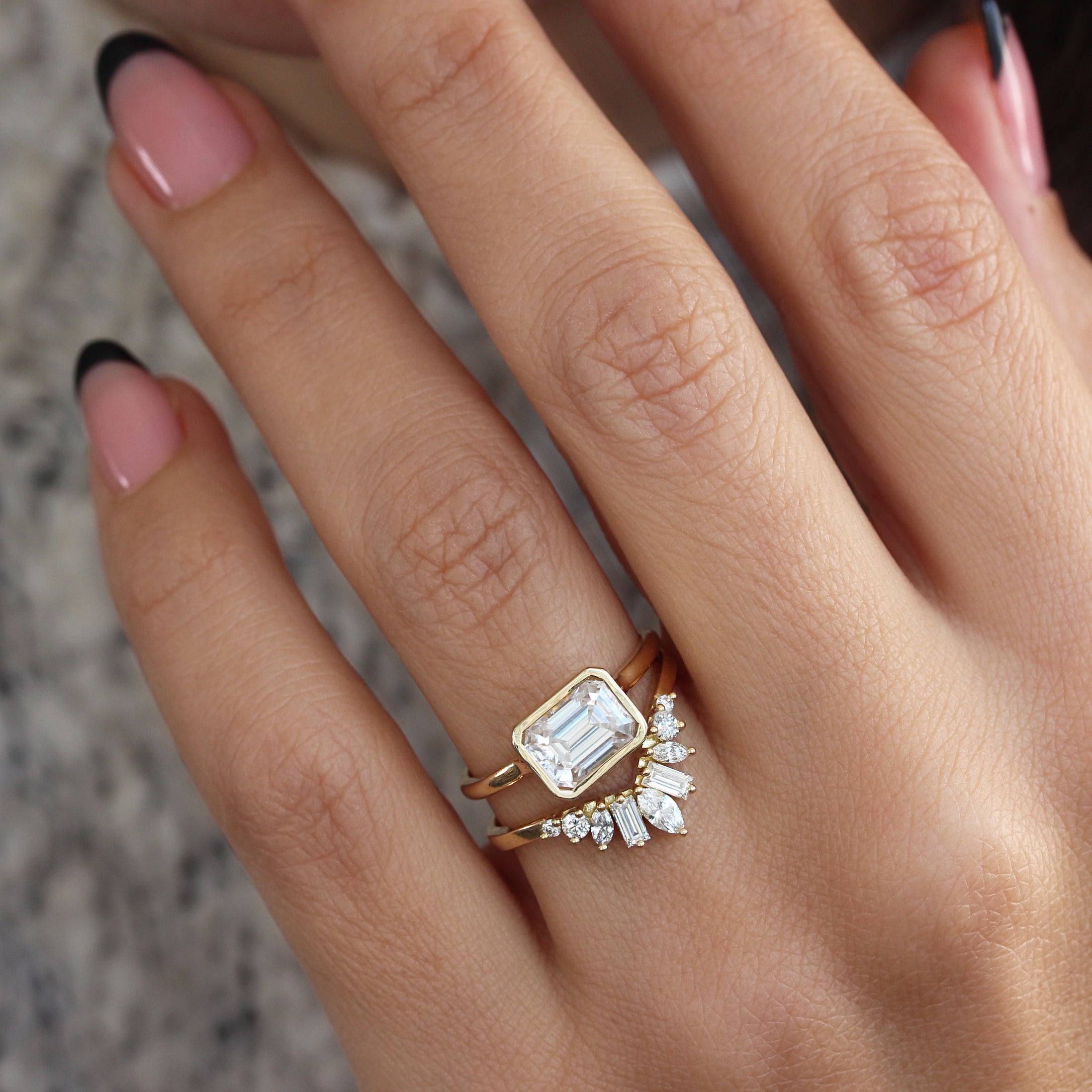 East West Emerald Cut Solitaire Diamond Engagement Ring, Jade, 14K Yellow Gold, OOAK READY TO SHIP! ♥