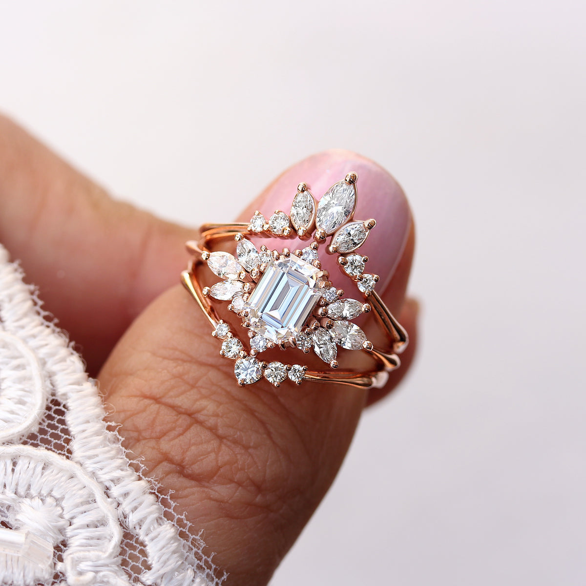 Emerald cut Moissanite Wedding Two Ring Set , Spark & Golden Snitch - sillyshinydiamonds