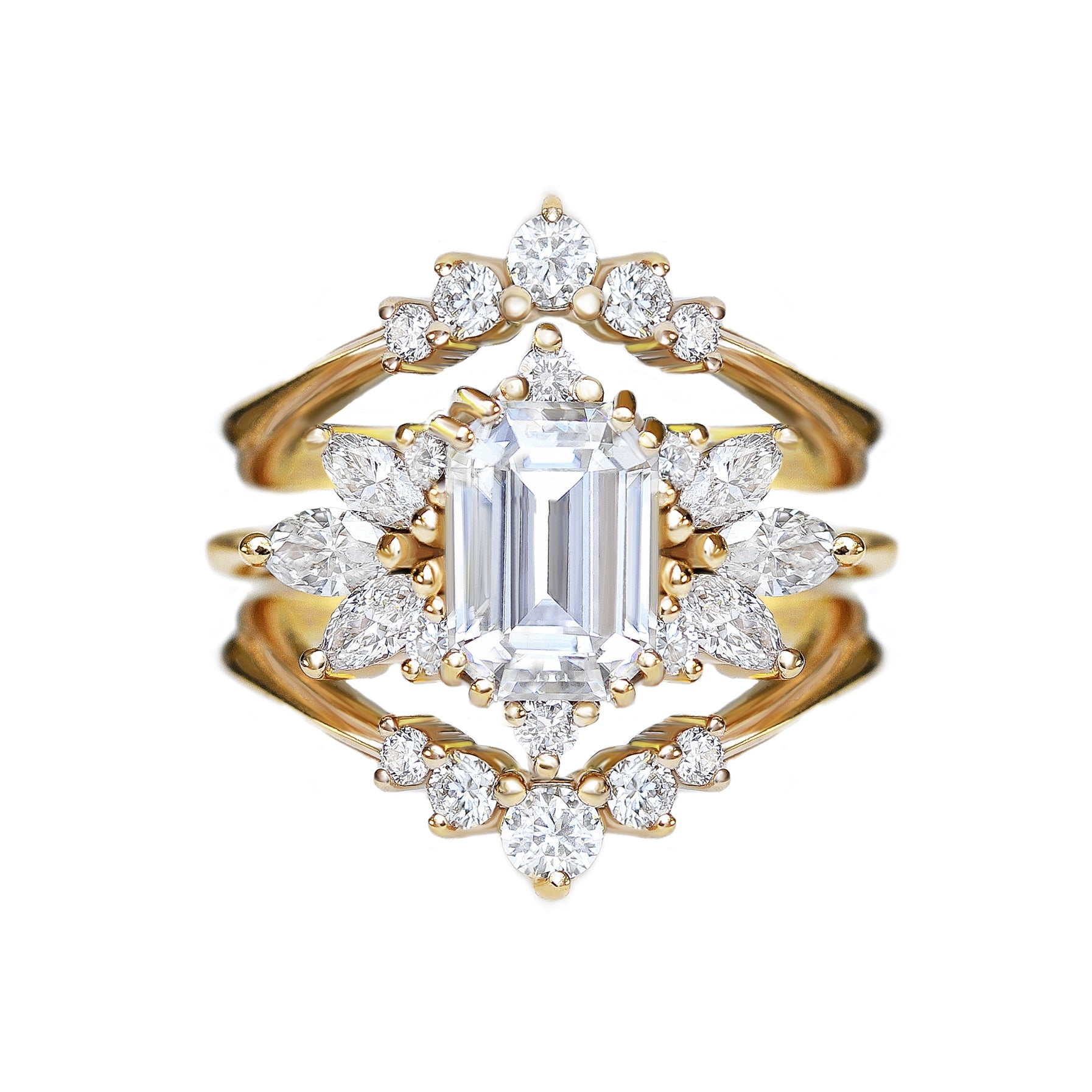 Emerald cut Diamond Wedding Three Rings Set Spark