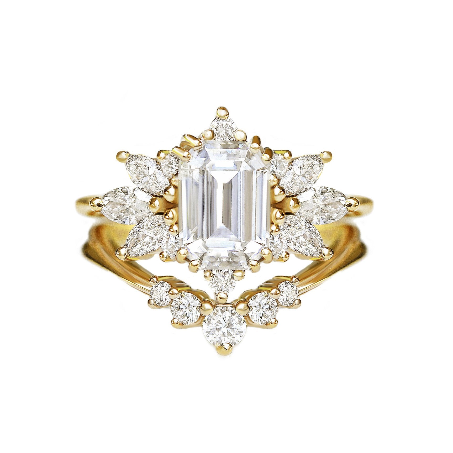 Emerald cut Diamond Wedding Three Rings Set Spark