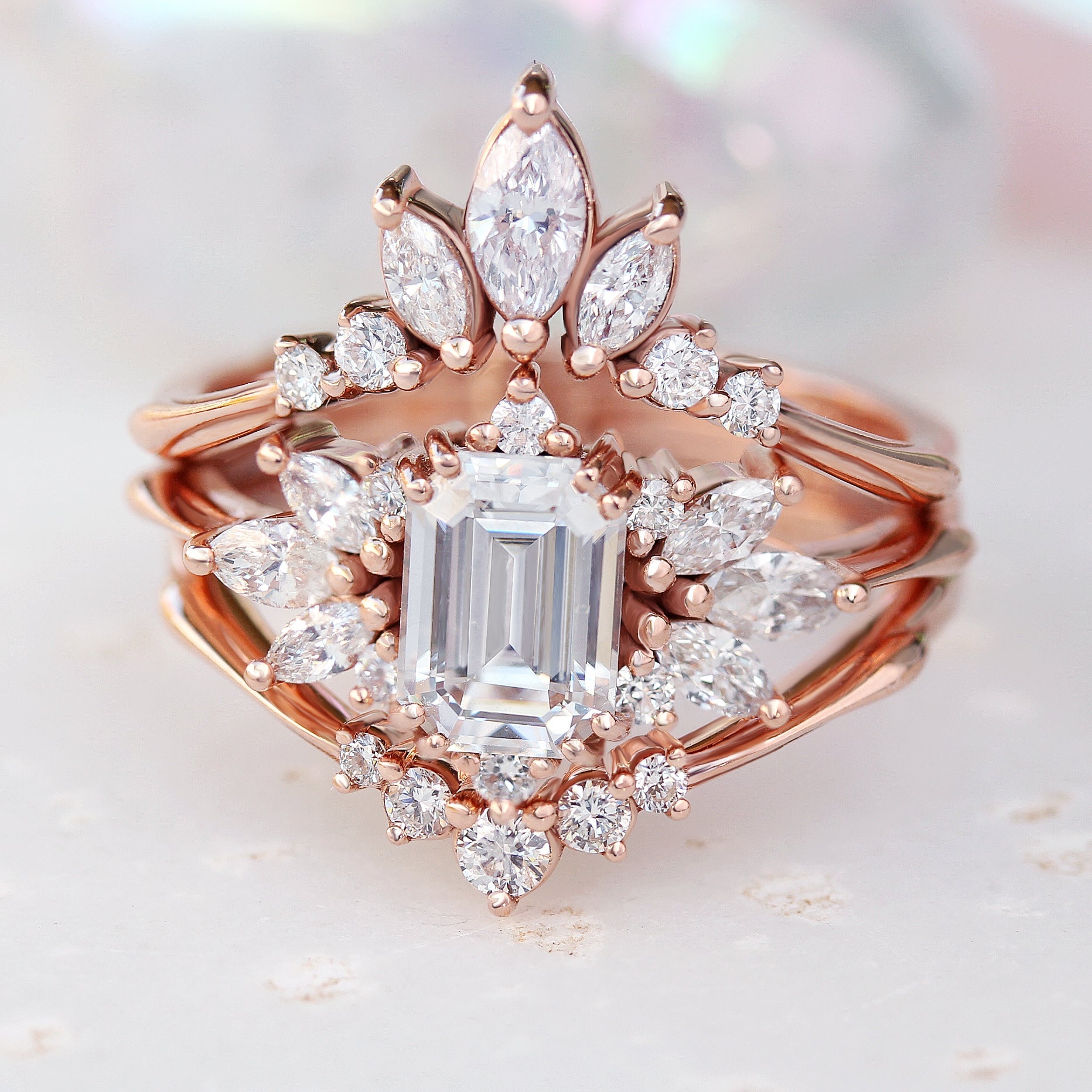 Emerald cut Diamond Engagement Ring Spark with Two Nesting Ring Golden Snitch