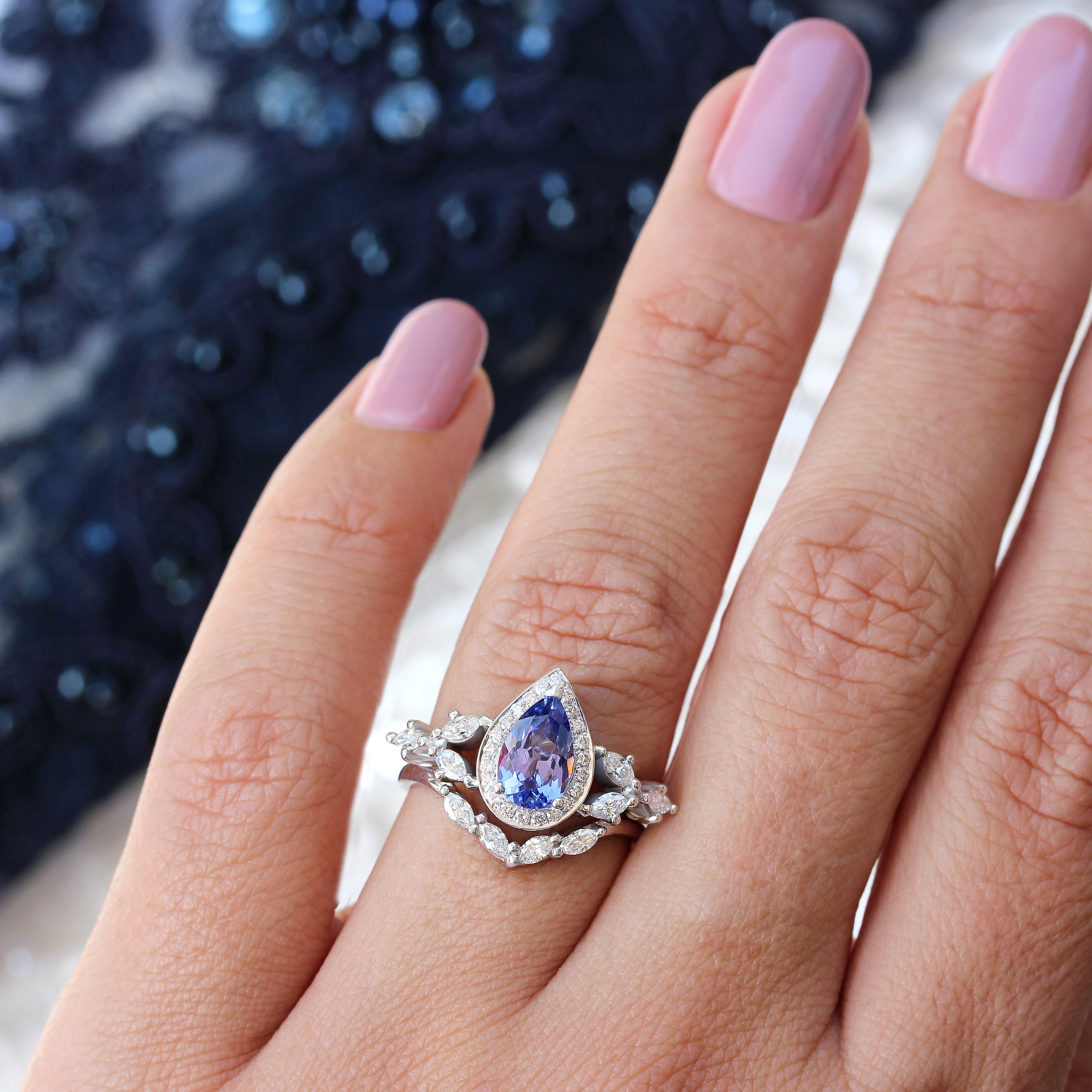 Pear Tanzanite & Diamonds Unique Engagement Ring Set - Muse - sillyshinydiamonds