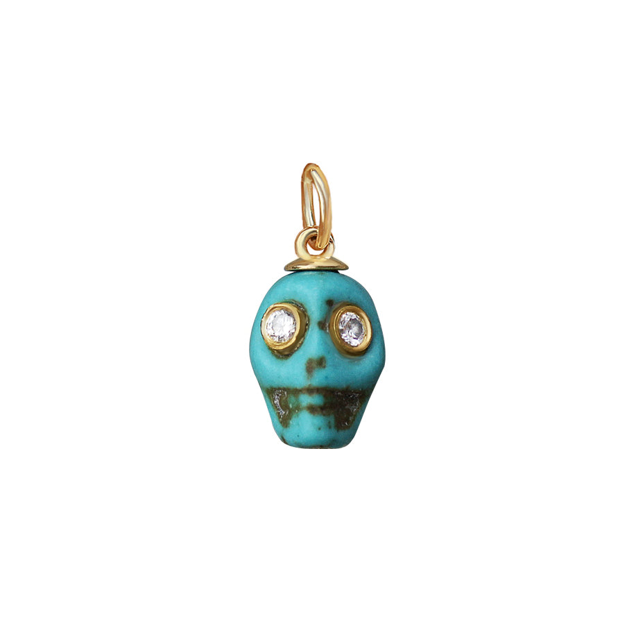 Hand Carved Skull Turquoise Gold & Diamonds Tribal Charm