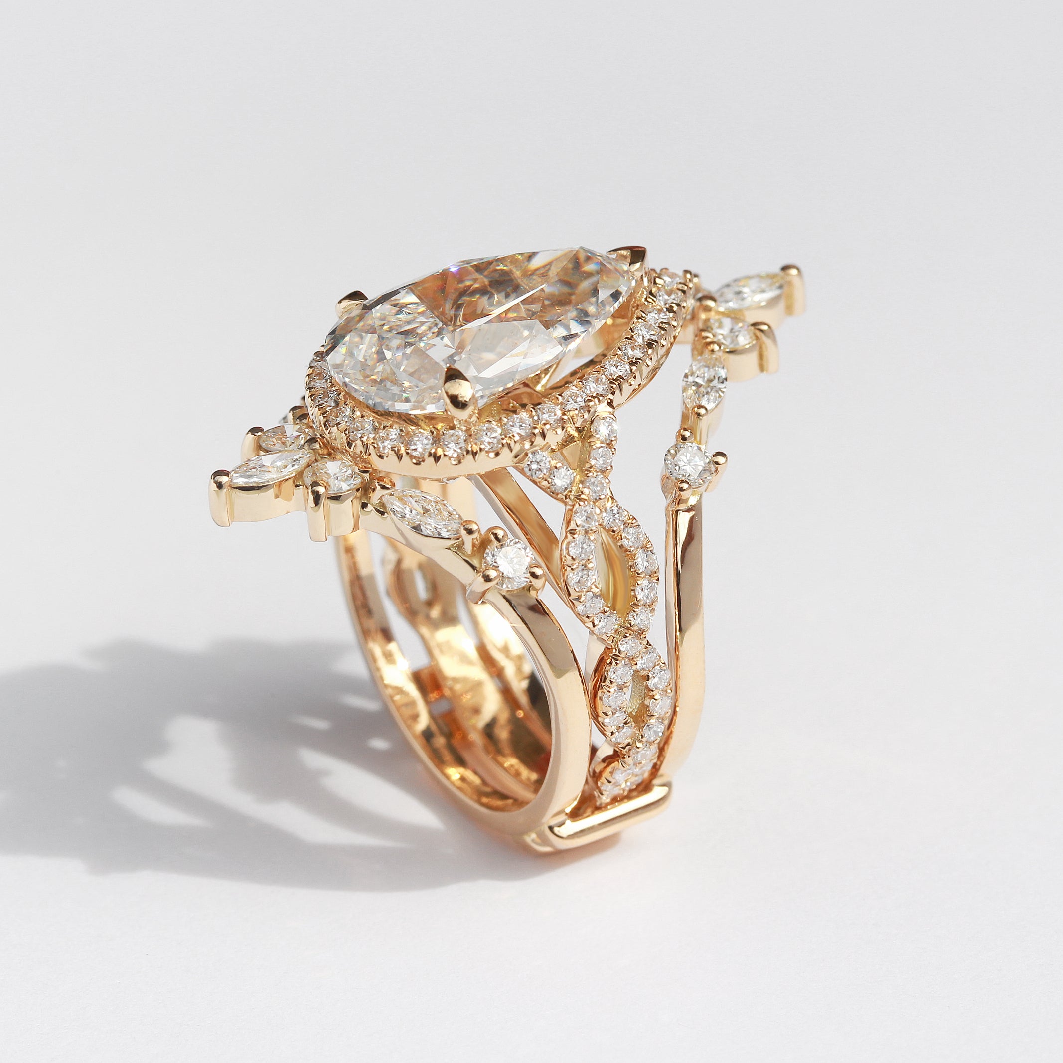 5 Carat Pear Shape Lab Diamond Unique Engagement Ring Set, Romeo and Hermes Ring Guard