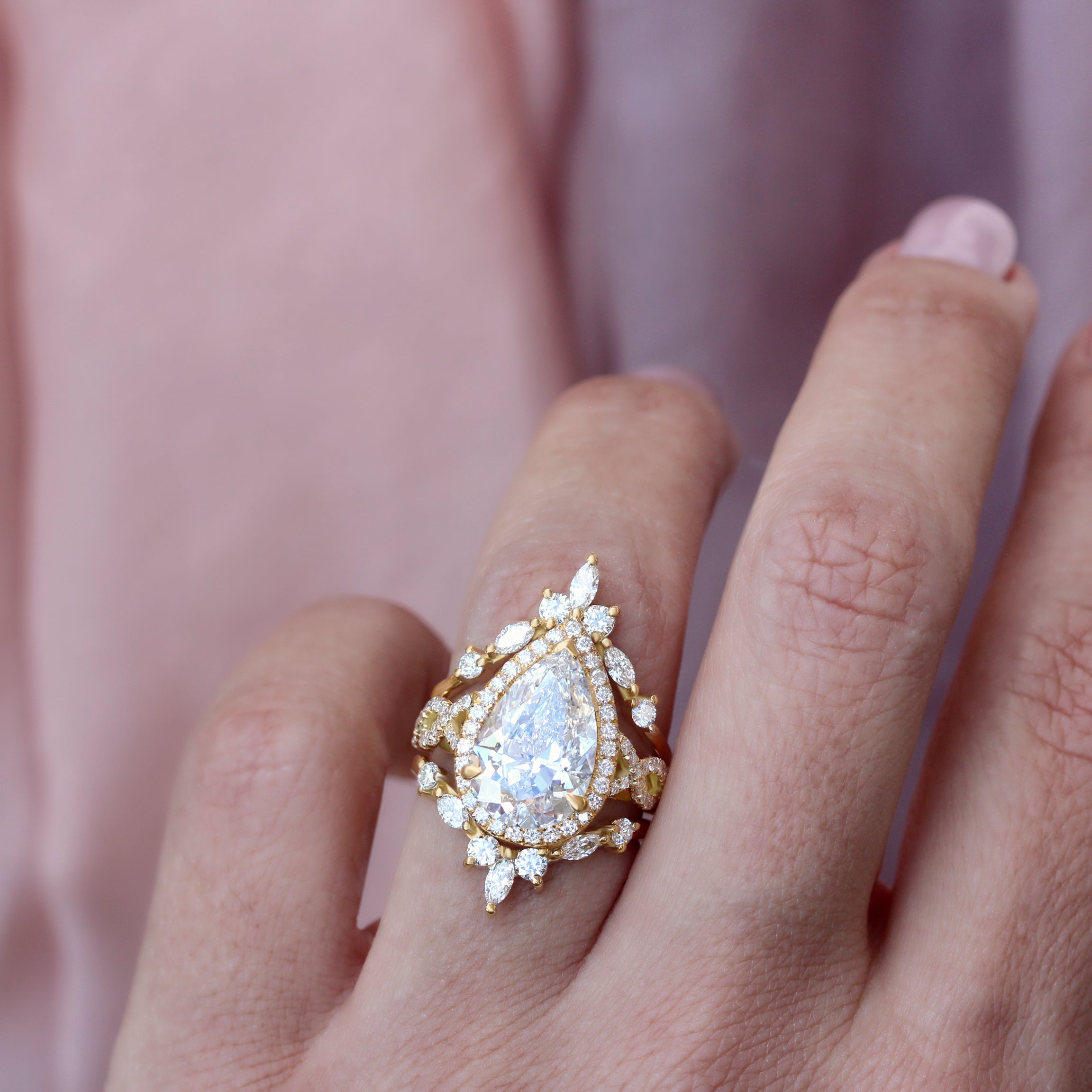5 Carat Pear Shape Lab Diamond Unique Engagement Ring Set, Romeo and Hermes Ring Guard