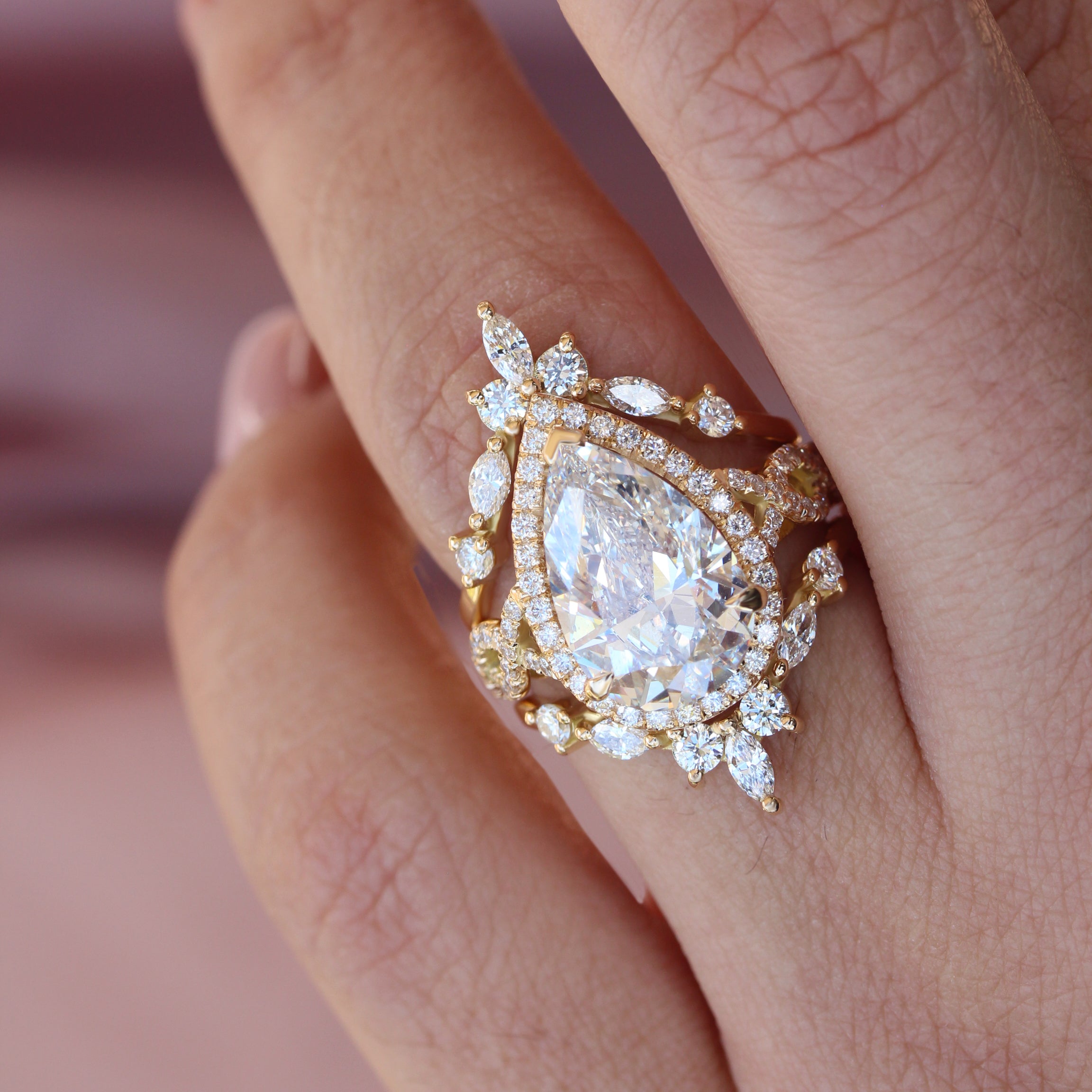 5 Carat Pear Shape Lab Diamond Unique Engagement Ring Set, Romeo and Hermes Ring Guard
