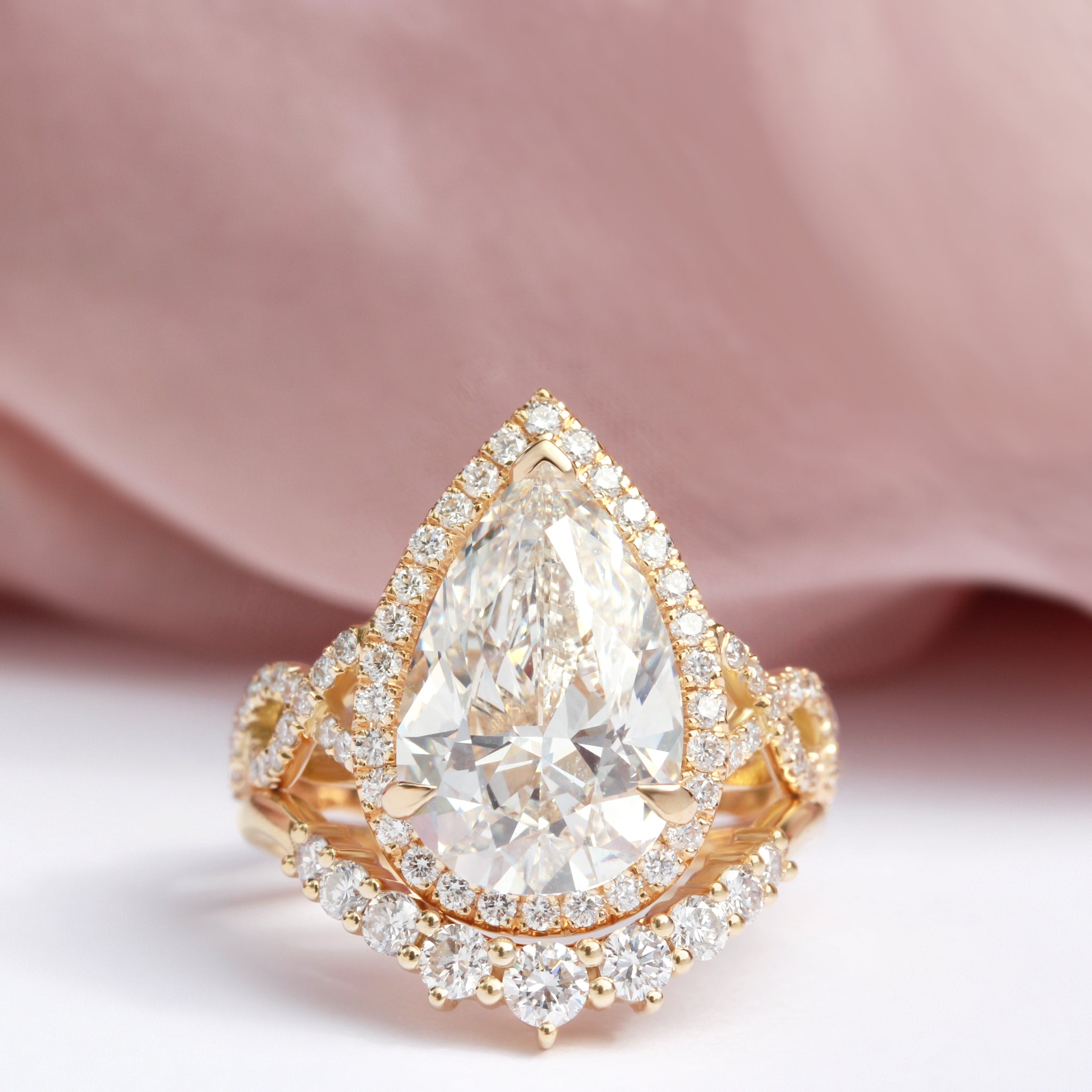 GIA Certified 4 Carat Pear Shape Diamond Unique Engagement Ring, Romeo with curve diamond ring set yellow gold