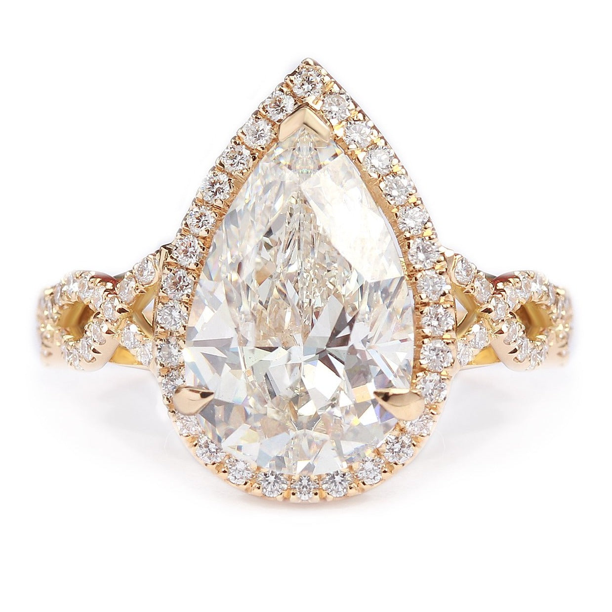 GIA Certified 4 Carat Pear Shape Diamond Unique Engagement Ring, Romeo yellow gold
