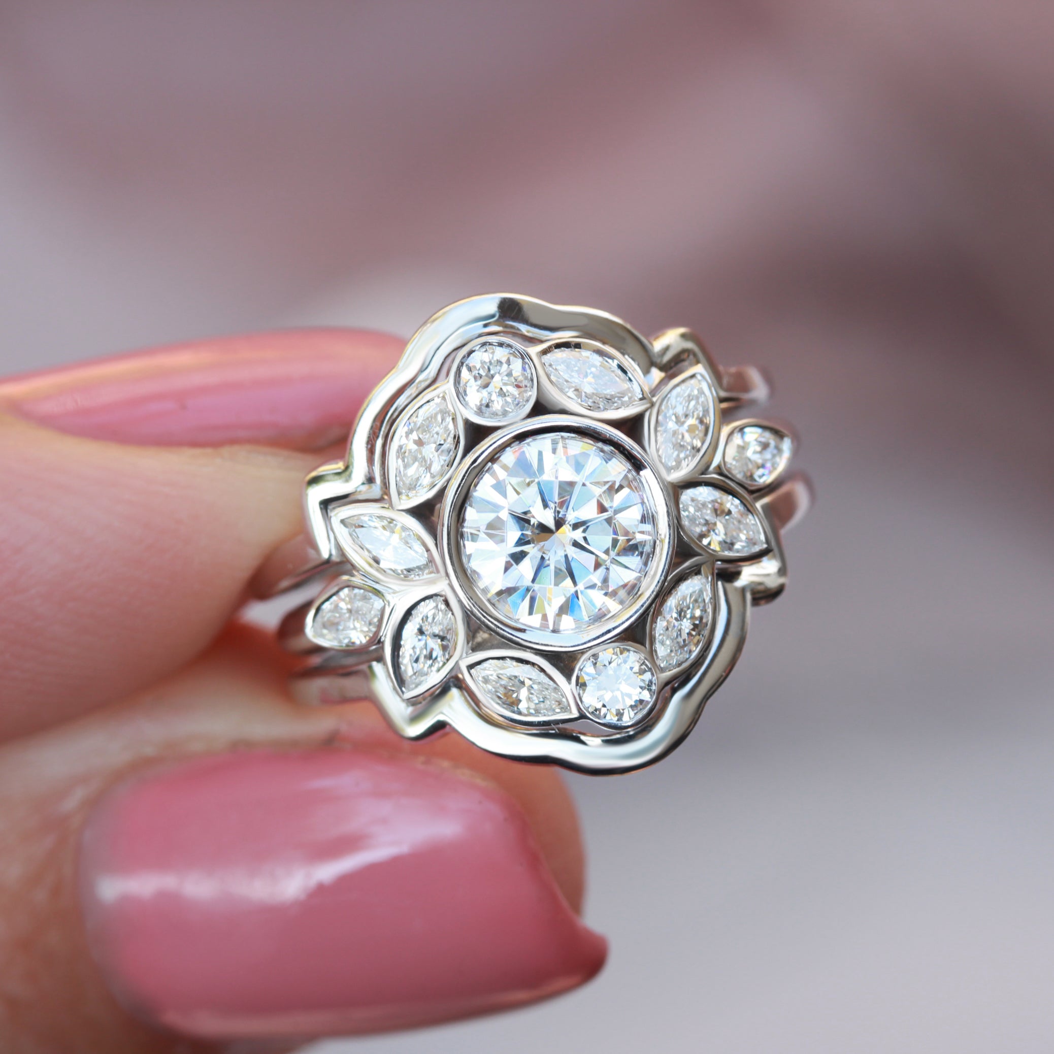 Bezel Diamond Flower Engagement Ring Set with Gold Ring Guard "Lily Emma" ♥