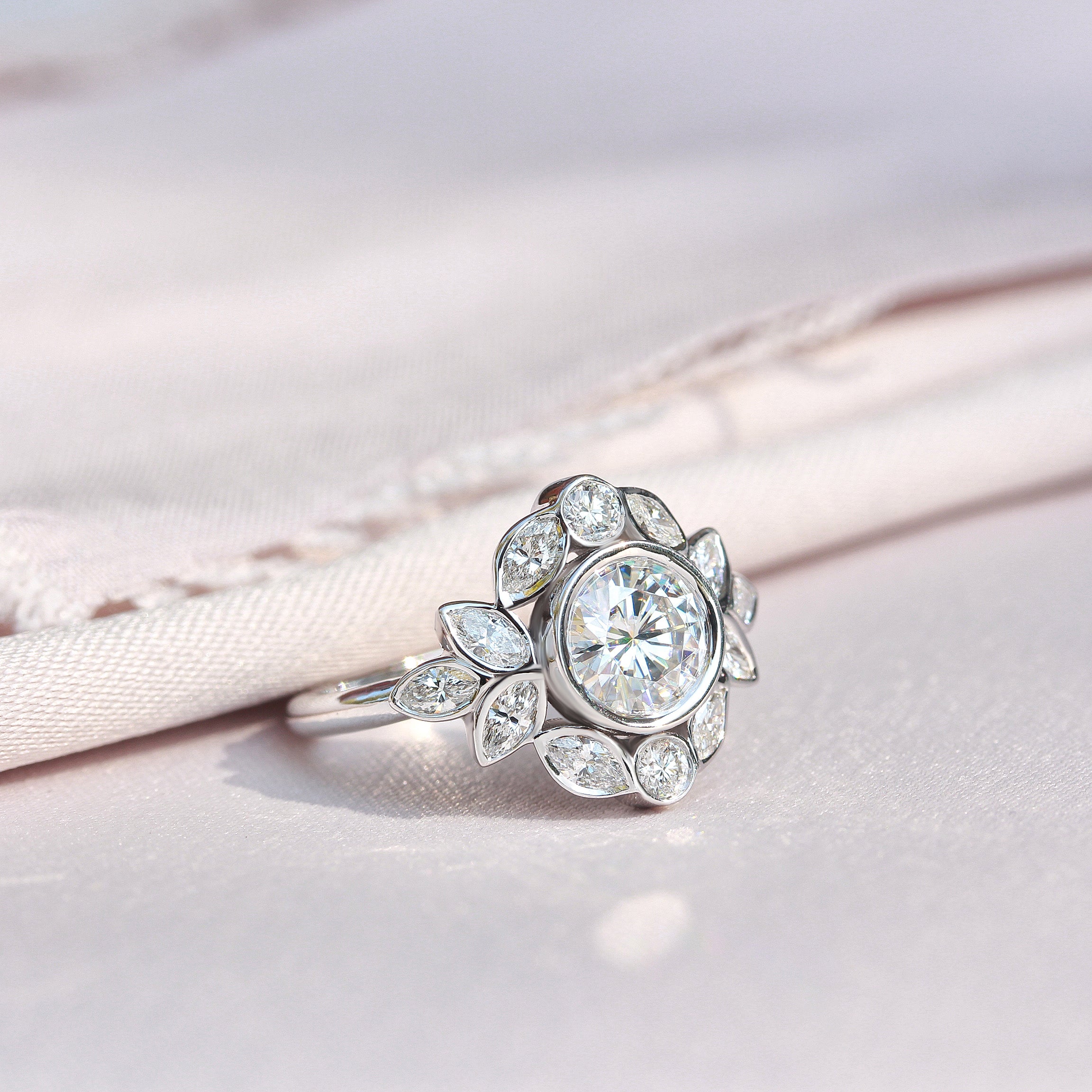 Bezel Diamond Flower Engagement Ring "Lily Emma" ♥