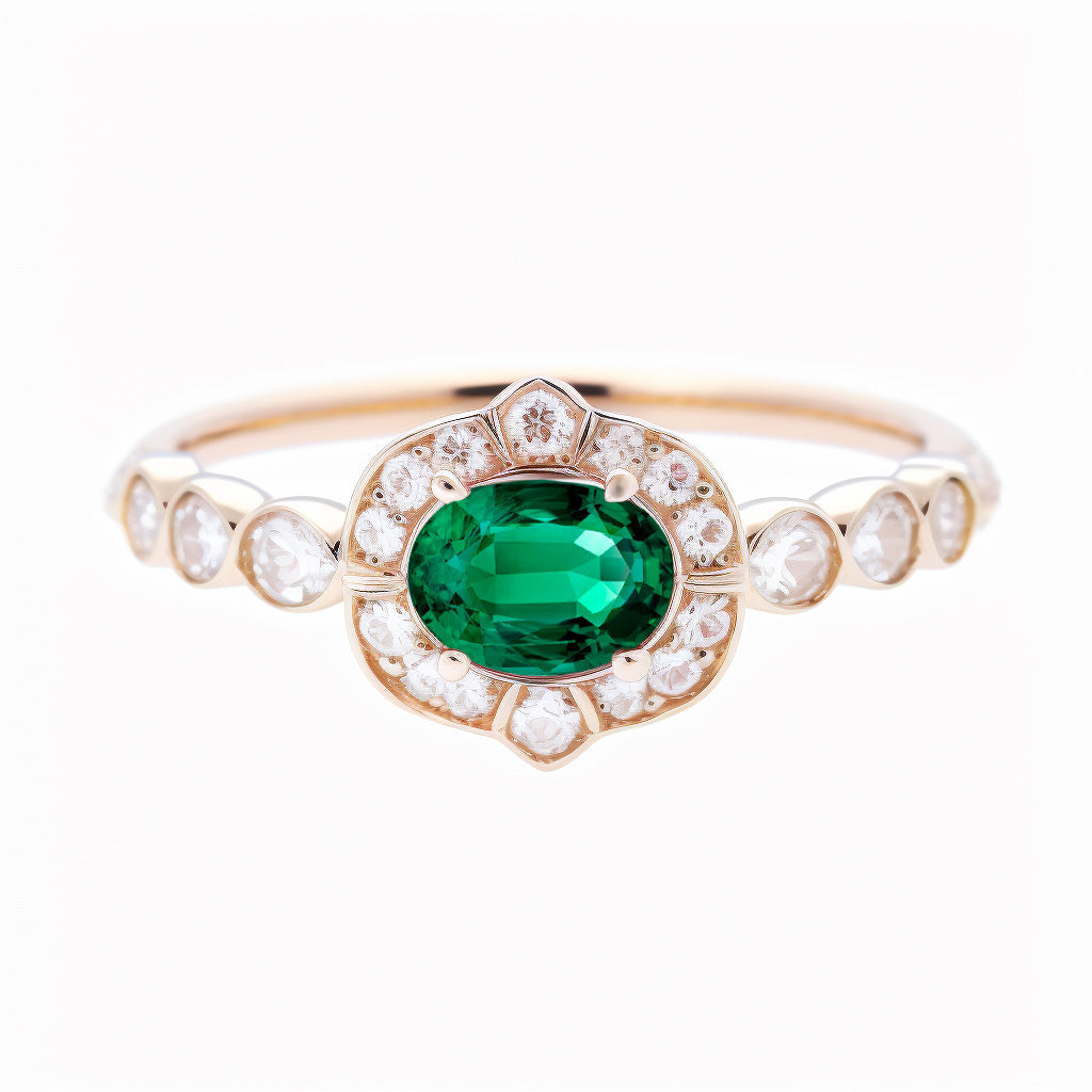 Oval Emerald & Diamonds Birthstone Ring "Marigold" ♥