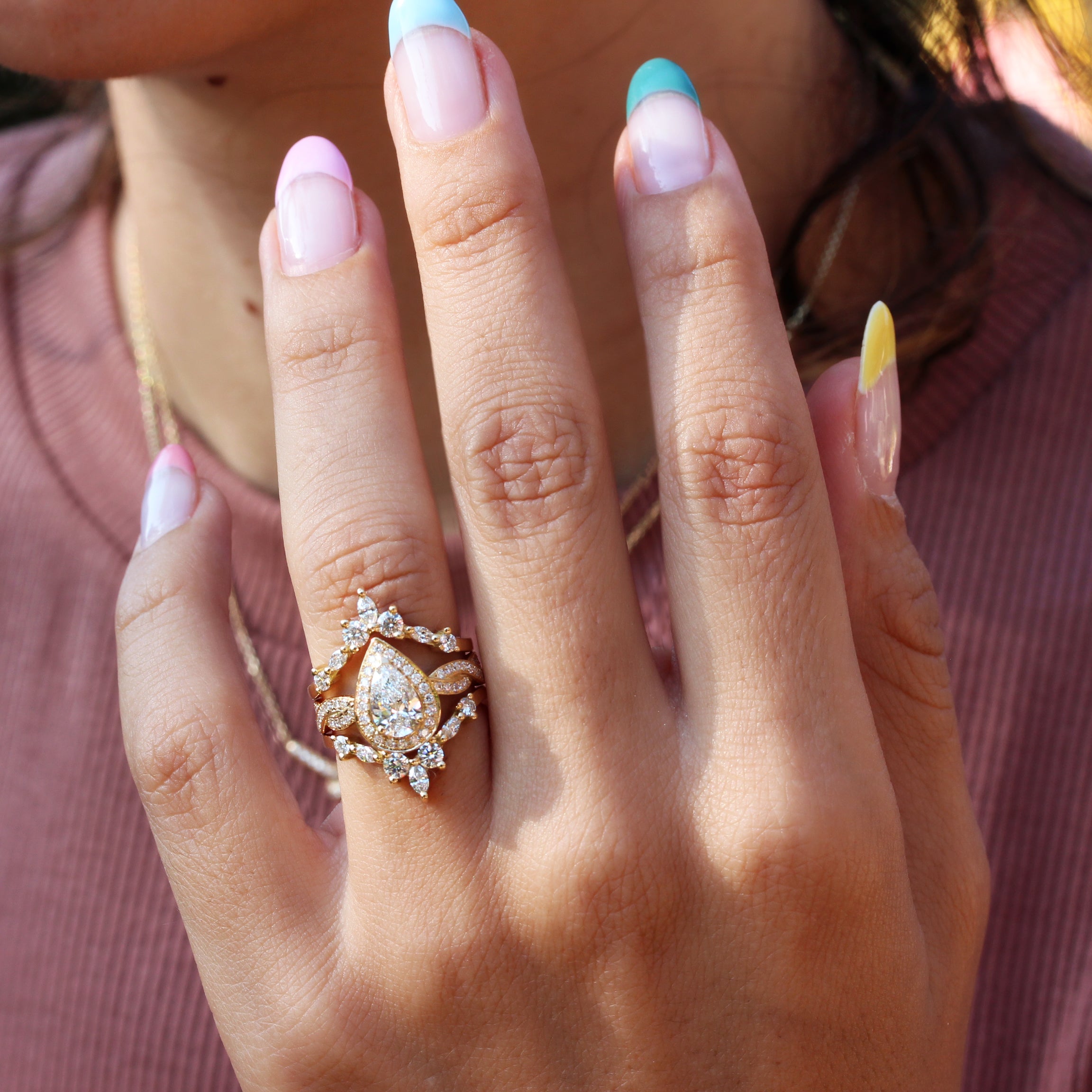 1 carat Pear diamond halo twist band shank engagement ring - "Zeus" ♥